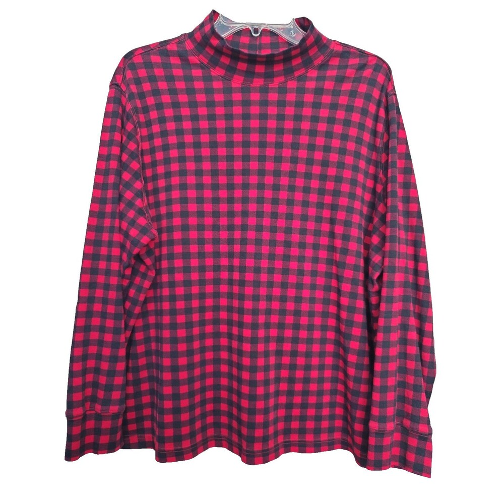 Lands' End Relaxed Fit Mock Neck Long Sleeve Red Black Check Cotton Top Size 2X